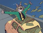 2022 anthro banknote black_clothing black_shirt black_topwear canid canine canis car clothing crossover dreamworks green_clothing green_jacket green_topwear inside_car jacket lupin_iii male male_anthro mammal money motion_lines mr._wolf_(the_bad_guys) necktie road shirt smile solo spread_arms suit suit_jacket sunroof the_bad_guys topwear unseriousguy vehicle wolf