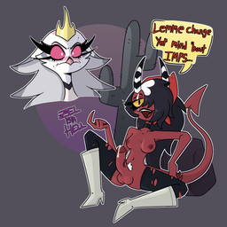 2_horns anthro areola balls beak bedroom_eyes big_penis black_hair black_lips black_lipstick blush bodily_fluids boots breasts cactus choker clothing crown dialogue dripping duo eye_scar eyelashes facial_scar fangs feather_hair feathers female footwear genital_fluids genitals gynomorph gynomorph/female hair hair_over_eye headgear high_heeled_boots high_heels horn intersex intersex/female jewelry lips lipstick long_eyelashes long_hair makeup medium_breasts mostly_nude mostly_nude_gynomorph narrowed_eyes necklace nervous nipples penis pink_sclera plant precum precum_drip pseudo_hair pubes pupils red_body red_skin scar seductive shoes simple_background spade_tail speech_bubble striped_horn stripes sweat tail teeth text thick_thighs vein white_body white_feathers white_pupils yellow_sclera zelisinhell hellaverse helluva_boss sallie_may_(helluva_boss) stella_(helluva_boss) avian avian_demon demon demon_humanoid horned_humanoid humanoid imp 1:1 2025 artist_name digital_media_(artwork) english_text hi_res trans_(lore) trans_woman_(lore)