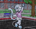 anthro clothed clothing female flat_chested fluffy fur hair nipples outside raining shirt topwear wet wet_clothing wet_shirt wet_topwear young pokefound floofy_(character) felid feline mammal 5:4 hi_res