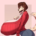 anthro big_breasts biped bottomwear breasts brown_eyes brown_hair clothing eyewear female glasses hair huge_breasts hyper hyper_breasts nipple_outline pants red_clothing red_sweater red_topwear round_glasses side_view solo sweater topwear spiralingstaircase clarita_(crackiepipe) canid canine canis domestic_dog greyhound hunting_dog mammal sighthound 1:1 2024 hi_res