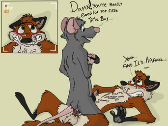 anal anal_penetration anthro balls black_body black_fur blush bodily_fluids brown_body brown_fur butt camera clenched_teeth cowgirl_position cum cum_drip cum_in_ass cum_inside cum_on_belly cum_on_body cum_on_penis cumshot cutaway dialogue dirty_talk dripping duo ejaculation ellipsis erection exclamation_point from_front_position fur genital_fluids genitals green_eyes grey_body grey_fur hair handjob interspecies love male male/male male_on_bottom male_on_top male_penetrated male_penetrating male_penetrating_male multiple_angles nude on_bottom on_top open_mouth orgasm penetration penile penis recording sex simple_background straddling tan_background tan_body tan_fur teeth text mauzytherat canid canine fox mammal murid murine rat rodent english_text hi_res