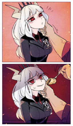 clothed clothing cutlery female food fork hand_on_chin horn kitchen_utensils not_furry occult_symbol pancake red_eyes sigil sigil_of_lucifer solo suit symbol tools idkuroi helltaker lucifer_(helltaker) protagonist_(helltaker) demon demon_humanoid humanoid hi_res