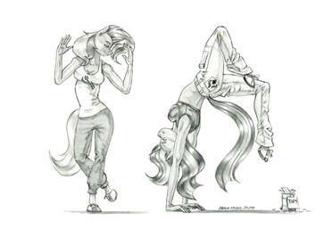 anthro anthrofied barefoot breasts cleavage clothed clothed_female clothing cutie_mark dancing duo feet female fur hair hooves horn midriff shirt tail tank_top topwear unguligrade unicorn_horn baron_engel friendship_is_magic hasbro my_little_pony mythology starlight_glimmer_(mlp) trixie_(mlp) equid equine mammal mythological_creature mythological_equine unicorn 2025 graphite_(artwork) greyscale monochrome traditional_media_(artwork)