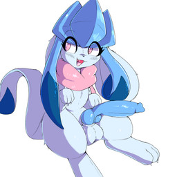 animal_genitalia animal_penis balls blue_body blue_fur blue_penis bodily_fluids canine_genitalia canine_penis feral fur genital_fluids genitals knot male penis pink_eyes pseudo_hair scarf simple_background smile solo sweat tail text tongue lodetail nintendo pokemon lyn_(lodetail) canid eeveelution generation_4_pokemon glaceon mammal pokemon_(species) 1:1 2025 digital_media_(artwork) hi_res female_(lore) trans_(lore) trans_woman_(lore)
