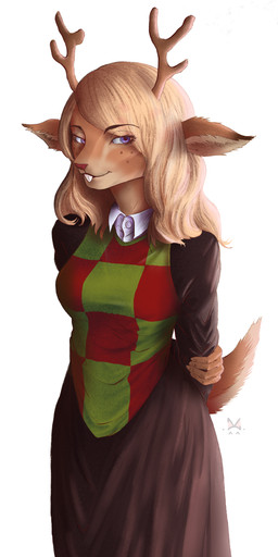 anthro bedroom_eyes blonde_hair cartoon_freckles clothed clothing collared_shirt female freckled_face freckles hair narrowed_eyes polo_shirt seductive shirt shy smile smiling_at_viewer solo standing topwear javlinka deltarune undertale_(series) noelle_holiday deer mammal absurd_res hi_res