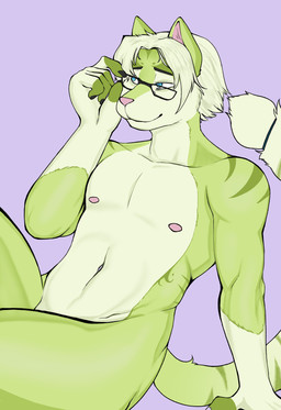 accessory adjusting_glasses anthro black_finger_claws blue_eyes claws eyewear finger_claws fur furgonomics glasses green_body green_fur green_hair green_stripes hair holding_eyewear holding_glasses holding_object lying male nipples nude_anthro nude_male pink_nipples pink_nose solo stripes tail tail_accessory tailband undercovernezha amorous seth_(amorous) domestic_cat felid feline felis mammal 2025 digital_drawing_(artwork) digital_media_(artwork) hi_res shaded