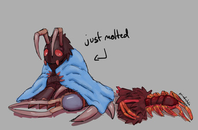 ambiguous_gender antennae_(anatomy) anthro arrow_sign bedding blanket blue_blanket brown_body brown_fur claws fur grey_background molting red_claws red_eyes red_sclera simple_background sitting sitting_on_ground solo text privafuchsia kaiju_paradise arthropod centipede crawlipede_(kaiju_paradise) gootraxian myriapod 2026 english_text hi_res