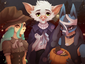anthro clothed clothing female food fruit group holidays magic_user male night outside plant pumpkin witch metonka halloween nintendo pokemon bat eevee eeveelution generation_1_pokemon generation_4_pokemon leaf-nosed_bat leafeon lucario mammal microbat pokemon_(species) undead vampire vampire_bat yangochiropteran zombie 4:3 digital_media_(artwork) hi_res shaded