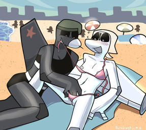 aircraft anthro beach beach_towel beach_umbrella bikini black_sclera blush bodily_fluids clothing duo female female/female fingering genital_fluids headscarf machine nipple_slip obscured_penetration parasol public spread_legs spreading swimwear towel two-piece_swimsuit umbrella undressing_another vaginal vaginal_fingering vaginal_fluids vehicle bombardier learjet_35 su-47 sukhoi mayday_(bunchasticks) vlada_(bunchasticks) aeromorph living_aircraft living_machine living_vehicle hi_res