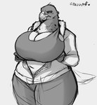 annoyed anthro beak belly big_breasts blush bottomwear breasts cleavage clothed clothing crop_top feathers female frown furrowed_brow holding_breast huge_breasts jacket looking_at_viewer navel open_clothing open_jacket open_topwear presenting shirt simple_background solo thick_thighs topwear wide_hips jezzlen avian bird falcon falconid monochrome sketch