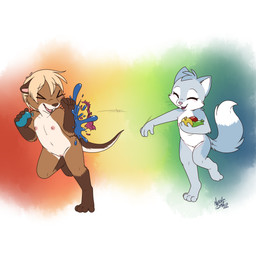 4_toes 5_fingers anthro arm_tuft bent_leg blue_ears blush blush_stickers body_blush brown_arms brown_body brown_countershading brown_ears brown_feet brown_fur brown_legs brown_nose brown_tail casual_nudity cheek_tuft collarbone countershade_arms countershade_ears countershade_face countershade_legs countershade_tail countershade_torso countershading digitigrade dipstick_tail duo eyes_closed facial_tuft feet female female_anthro fingers flat_chested fluffy fluffy_tail fur genitals gloves_(marking) grey_body grey_fur hair happy head_tuft holding_object leg_markings markings motion_lines multicolored_body multicolored_fur navel nipples nude nude_anthro nude_female on_one_leg open_mouth open_smile pink_nipples pink_nose playing reverse_countershading running sharp_teeth shoulder_tuft simple_background smile social_nudity socks_(marking) splash standing tail tail_markings tan_hair teeth thin_tail throwing_object toes tuft vulva vulva_blush water water_balloon white_body white_countershading white_torso young young_anthro young_female nekostar ebba_(babysteps) nisha_(babysteps) canid canine canis mammal mustelid otter wolf 2026 colored dated digital_drawing_(artwork) digital_media_(artwork) flat_colors hi_res signature