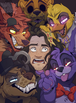 anthro blood blue_eyes bodily_fluids bow_tie clothing eye_patch eyewear female fingers food fur grin group hair hat headgear headwear hook hook_hand machine male pizza purple_eyes red_eyes smile smirk teeth yellow_eyes conditional_dnp xnirox five_nights_at_freddy's scottgames bonnie_(fnaf) chica_(fnaf) foxy_(fnaf) freddy_(fnaf) golden_freddy_(fnaf) markiplier avian bear bird canid canine chicken fox galliform human lagomorph leporid mammal phasianid rabbit 2025 digital_media_(artwork) hi_res