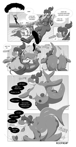 anthro areola big_breasts big_butt biped breasts butt clothed clothing dialogue female genitals inflatable nipples nude parachute raised_tail speech_bubble tail text torn_clothing transformation vulva koopacap animate_inanimate human living_inflatable mammal absurd_res comic english_text hi_res monochrome