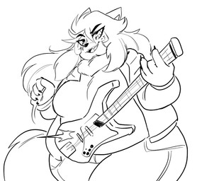 5_fingers anthro bass_guitar bottomwear clothed clothing female fingers guitar hair holding_bass holding_guitar holding_musical_instrument holding_object hoodie long_hair musical_instrument neck_tuft open_mouth open_smile overweight overweight_female pants plucked_string_instrument shirt simple_background smile solo string_instrument t-shirt topwear tuft white_background anaugi minaru_(meadowmoos) canid canine canis mammal wolf 2025 black_and_white hi_res monochrome
