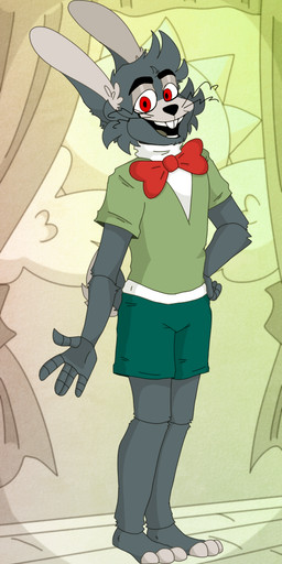 anthro bottomwear bow_tie buckteeth clothing cosplay eyebrows fingers male open_mouth red_bow_tie red_eyes shorts solo stage teeth draugcell five_nights_at_freddy's scottgames soyuzmultfilm well_just_you_wait! bonnie_(fnaf) zayats_(wjyw) lagomorph leporid mammal rabbit 2022 digital_media_(artwork)