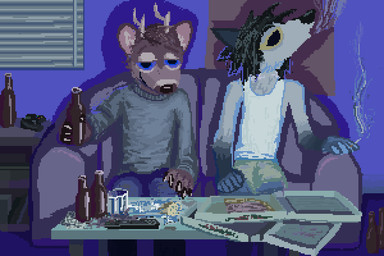 anthro detailed_background duo food holding_beer inside male smile smoke smoking demensa canid canine canis deer domestic_dog mammal 2020 digital_media_(artwork) pixel_(artwork)