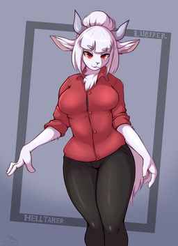 anthro big_breasts breasts clothed clothing female fur horn looking_at_viewer red_eyes simple_background solo text white_body white_fur yellow_sclera orang111 helltaker goat_lucifer_(helltaker) bovid caprine goat mammal absurd_res hi_res url