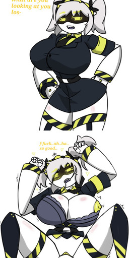 anthro big_breasts blush blush_face breasts duo excited female genitals machine penis pose sex text thick_thighs pace-maker glitch_productions murder_drones j_(murder_drones) robot robot_anthro hi_res pinup