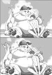 anthro beach belly blush bottomwear clothing cuddling duo heart_symbol horn male male/male overweight overweight_male pawpads seaside shorts swimwear tail tail_motion tailwag suzuapi2 lifewonders tokyo_afterschool_summoners behemoth_(tas) protagonist_(tas) twink_protagonist_(tas) human mammal monster monochrome