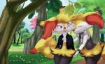 anthro clothing duo eyes_closed female gem grass hand_holding jacket leaf male one_eye_closed outside park plant scarf smile standing stick topwear tree vest coffeefly nintendo pokemon cafe_(coffeefly) fan_character te braixen generation_6_pokemon pokemon_(species)