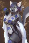 anthro black_lipstick blue_flower clothing female flower fur green_eyes grey_body grey_fur hair lingerie lipstick makeup plant simple_background solo tail bizamoru ribbon_(bowhuskers) canid canine canis mammal wolf detailed