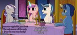 dinner female food horn levitation magic male telekinesis text wings registereduser friendship_is_magic hasbro my_little_pony mythology night_light_(mlp) princess_cadance_(mlp) shining_armor_(mlp) twilight_velvet_(mlp) equid equine horse mammal mythological_creature mythological_equine pony unicorn winged_unicorn absurd_res english_text hi_res