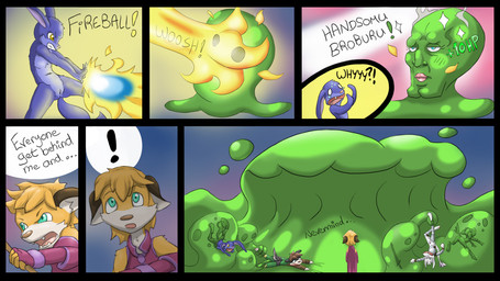 absorption_vore anthro armor balls black_body black_fur blue_body blue_eyes blue_fur bottomless brown_hair clothed clothing ellipsis exclamation_point eyelashes fangs fantasy female fire fireball fur genitals gloves green_eyes group hair handwear horn interrobang magic male melee_weapon multicolored_body multicolored_fur nude open_mouth orange_body orange_fur partially_clothed penis shadow slime sword tail teeth text trapped two_tone_body two_tone_fur vore vulva weapon white_body white_fur yellow_body yellow_fur young young_anthro young_prey makumo handsome_squidward_(meme) mythology nickelodeon spongebob_squarepants squidward_tentacles canid canine canis domestic_dog dragon fennec_fox fox furred_dragon furred_scalie lagomorph leporid mammal mythological_creature mythological_scalie rabbit scalie true_fox wolf 16:9 comic english_text hi_res meme widescreen