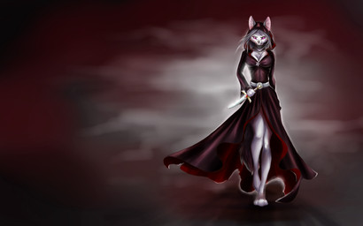 anthro biped breasts cleavage clothed clothing dagger digitigrade female hair holding_object holding_weapon melee_weapon red_eyes solo standing weapon white_hair akineza mammal 16:10 hi_res widescreen