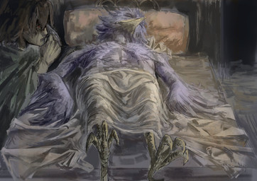 ambiguous_gender ambiguous_human anthro beak bed biped blue_body blue_feathers bodily_fluids brown_hair crying detailed_background duo eyes_closed feathers feet furniture hair hospital hospital_bed hospitalized inside male on_bed parody realistic red_eyes sad short_hair snowgrave talons tears toes unconscious under_covers nitrovu deltarune the_lamentation_of_christ undertale_(series) berdly kris_dreemurr avian bird human mammal 2025 absurd_res digital_drawing_(artwork) digital_media_(artwork) digital_painting_(artwork) english_description hi_res painting_(artwork)