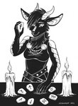 5_fingers breasts candle clothed clothing female fingers fur futhark hair horn humanoid_hands ritual runes solo snowsnow11 deer mammal 2022 black_and_white hi_res monochrome signature sketch