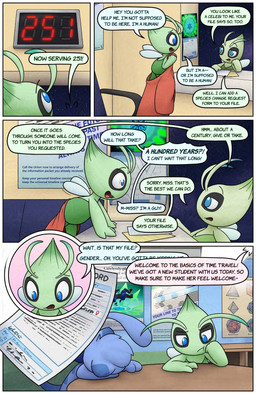 5_panel_comic after_transformation ambiguous_gender antennae_(anatomy) bench blue_bench blue_body blue_eyes bored calendar close_up_panel dialogue dipstick_ears duo ear_markings eye_contact eyebrows female feral floating furniture green_body head_tuft insect_wings long_tail looking_at_another multicolored_ears now_serving open_mouth paperwork poster solo speech_bubble table tail talking_to_another text time_gear tuft verbal_reaction_to_tf waiting_room wings worried worried_look crizbn nintendo pokemon pokemon_mystery_dungeon spike_chunsoft chris_(crizbn) celebi generation_1_pokemon generation_2_pokemon legendary_pokemon mew_(pokemon) pokemon_(species) shiny_pokemon 2025 comic english_text hi_res