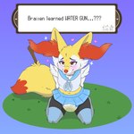 ambiguous_gender anthro blush bodily_fluids bottomwear clothed clothing diaper genital_fluids grass heart_symbol jewelry kneeling legwear makeup necklace plant school_uniform simple_background skirt solo sparkles stick stockings text text_box unclean_diaper uniform urine used_diaper wearing_diaper wet_diaper wetting stargal_galexi nintendo pokemon braixen generation_6_pokemon pokemon_(species) english_text hi_res