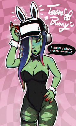 baseball_cap big_breasts black_bow_tie black_cap black_clothing black_leotard black_sclera blue_blush blush blush_lines bodily_fluids bow_tie breasts bunny_costume checkered checkered_background cleavage clothed clothing costume cuffs_(clothing) dialogue electronics embarrassed eyelashes fake_ears fake_rabbit_ears female fishnet_clothing fishnet_legwear front_view green_body green_skin hair hair_over_eye hand_on_hip hat headgear headphones headwear horizontal_pupils legwear leotard multicolored_hair open_mouth pattern_background pink_background pink_hair pseudo_hair pupils purple_hair simple_background solo speech_bubble sweat sweatdrop tentacle_hair tentacles text thick_thighs thigh_strap torn_clothing torn_legwear two_tone_hair wide_hips yellow_eyes vaporeight nintendo splatoon acht_(splatoon) animal_humanoid aquatic aquatic_humanoid cephalopod cephalopod_humanoid humanoid mollusk mollusk_humanoid octarian octoling octopus_humanoid sanitized_octarian sanitized_octoling english_text hi_res