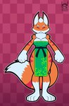 anthro arm_tuft asian_clothing barefoot belt big_tail black_belt black_nose black_sash breasts checkered checkered_background chinese_clothing chinese_dress cleavage clothed clothing dress east_asian_clothing exposed_thighs eyes_closed eyeshadow feet female fox_tail fur gloves_(marking) green_clothing green_dress head_tuft leg_markings makeup mane markings maroon_background mature_female multicolored_body orange_body orange_fur pattern_background red_background red_body red_fur sash shoulder_tuft simple_background socks_(marking) solo tail thick_thighs tuft white_body white_fur chonzo vulpei_zorra canid canine fox mammal true_fox hi_res watermark