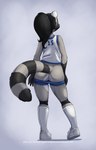 anthro athlete biped black_body black_fur black_hair bottomwear bottomwear_down butt cheek_tuft clothed clothing facial_tuft female footwear fur gloves_(marking) grey_body grey_fur hair jersey long_hair markings mooning pants pants_down partially_clothed plantigrade ponytail raised_tail rear_view ring_(marking) ringed_tail seductive shoes short_stack shorts simple_background skimpy solo standing striped_markings striped_tail stripes tail tail_markings tuft white_body white_fur wide_hips conditional_dnp jay_naylor brooke_reed mammal procyonid raccoon 2015 digital_media_(artwork) shaded