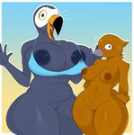 anthro beak big_breasts blue_body bottomless breast_size_difference breasts brown_body brown_feathers clothed clothing curvy_figure duo feathers female genitals hands_behind_back huge_breasts larger_female looking_at_viewer nipple_slip nipples non-mammal_breasts non-mammal_nipples nude pussy size_difference smaller_female thick_thighs wide_hips cinnamonrug netflix tuca_and_bertie bertie_(tuca_and_bertie) tuca_(tuca_and_bertie) avian bird oscine passerine ramphastos thrush_(bird) toco_toucan toucan 2020 hi_res