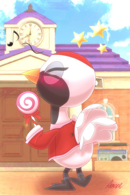 3_toes >_< ambiguous_gender anthro beak biped black_body black_countershading black_feathers black_legs blush bottomless building candy chibi clothed clothing cloud countershade_face countershade_neck countershading day dessert detailed_background eye_markings eyes_closed feathers featureless_crotch feet food head_markings holding_candy holding_food holding_lollipop holding_object lollipop markings multicolored_body multicolored_feathers musical_note musical_symbol on_model outside red_clothing red_markings red_topwear semi-anthro shadow sky solo standing star symbol tail tail_feathers three-quarter_view toes topwear town_hall white_body white_feathers winged_arms wings yellow_beak agent_0730 animal_crossing nintendo gladys_(animal_crossing) avian bird crane_(bird) gruiform grus_(genus) red-crowned_crane 2022 2:3 absurd_res hi_res shaded signature simple_shading soft_shading