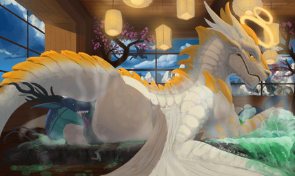 ambiguous_gender anus bathing bathing_together blue_body blue_eyes butt_sniffing detailed_background duo feral green_body halo horn inside lamp lantern male membrane_(anatomy) membranous_wings multicolored_body multicolored_scales open_mouth orange_body orange_scales perineum quadruped scales sniffing tongue tongue_out white_body white_scales wings conditional_dnp teavern european_mythology mythology dragon eastern_dragon mythological_creature mythological_scalie scalie western_dragon 2025 digital_media_(artwork) hi_res