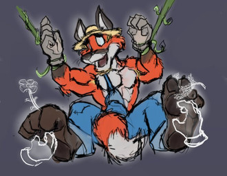 4_toes 5_fingers anthro blue_clothing blue_overalls brown_body brown_fur clothing curling_toes dipstick_tail disembodied_hand farmer feet fingers flower foot_fetish fur furgonomic_hat furgonomic_headwear furgonomics grey_background male markings multicolored_body multicolored_fur open_mouth open_smile orange_body orange_fur overalls pawpads paws pecs plant restrained restrained_arms simple_background smile solo_focus tail tail_markings tickle_fetish tickle_torture tickling tickling_feet toes vines wearing_hat white_body white_fur white_inner_ear white_tail_tip kctk canid canine fox ghost mammal spirit