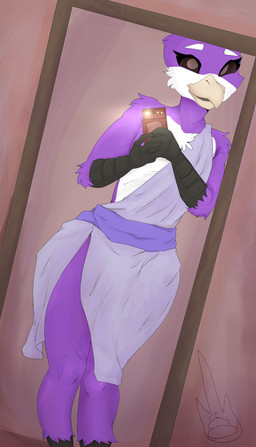 anthro beak feather_hair feathers male mirror mirror_reflection mirror_selfie pseudo_hair reflection selfie solo wide_hips meteor_of_bullshit chucklefish starbound avian avian_(starbound) absurd_res hi_res