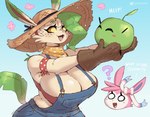 anthro big_breasts breasts cleavage clothed clothing dialogue eyebrows eyelashes fangs female freckles gloves green_eyebrows handwear hat headgear headwear huge_breasts leaf leaf_tail open_mouth overalls question_mark simple_background starry_eyes straw_hat tail teeth text gammainks nintendo pokemon stardew_valley kiwi_(gammainks) malon_(gammainks) eeveelution generation_4_pokemon generation_6_pokemon junimo leafeon pokemon_(species) sylveon 2023 artist_name digital_media_(artwork) english_text hi_res