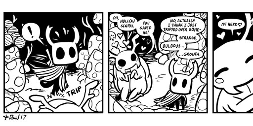 3_panel_comic ambiguous_gender antennae_(anatomy) biped black_body black_text cloak clothing dialogue duo ellipsis exclamation_point eyes_closed fungus grass heart_symbol looking_at_another melee_weapon motion_lines mushroom nail_(weapon) plant question_mark speech_bubble talking_to_another text tripping weapon weapon_on_back p5ych hollow_knight_(franchise) team_cherry bretta_(hollow_knight) the_knight_(hollow_knight) arthropod beetle insect vessel_(species) artist_name black_and_white comic english_text monochrome url female_(lore)