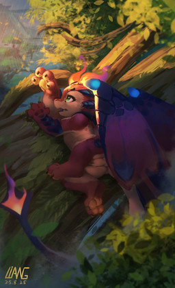 2_horns 3_toes 4_fingers animal_genitalia blue_body blue_scales blue_tail blue_wings cheek_spikes claws detailed_background facial_spikes feet feral finger_claws fingers fire flaming_horn flaming_tail genital_slit genitals glistening glistening_eyes green_eyes horn light male male_feral membrane_(anatomy) membranous_wings multicolored_body multicolored_scales multicolored_tail multicolored_wings nature nature_background open_mouth orange_pawpads pawpads paws plant purple_wings red_body red_scales red_tail red_wings scales solo spikes spikes_(anatomy) sunlight tail tan_body tan_scales tan_tail teeth text toe_claws toes tree wings young young_feral young_male supechips league_of_legends mythology riot_games tencent smolder_(lol) dragon imperial_dragon_(lol) mythological_creature mythological_scalie scalie 2025 artist_name dated digital_media_(artwork) digital_painting_(artwork) hi_res painting_(artwork)