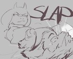 2_horns angry anthro beard duo eyebrows eyelashes face_slap facial_hair female female_anthro frown fur grey_background hair horn long_ears male male/female mouth_closed narrowed_eyes onomatopoeia simple_background slap sound_effects text violence themercart undertale_(series) asgore_dreemurr toriel bovid caprine goat mammal 2023 absurd_res digital_drawing_(artwork) digital_media_(artwork) hi_res monochrome