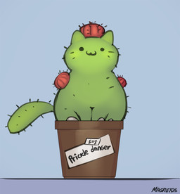 :3 ambiguous_gender cactus feral green_body grey_background plant plant_pot quadruped simple_background sitting solo text magnetus cactus_cat cactus_creature domestic_cat elemental_creature fearsome_critter felid feline felis flora_fauna mammal digital_media_(artwork) english_text