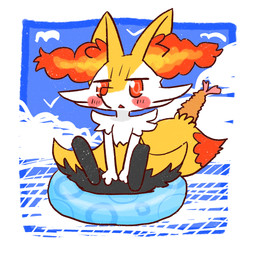 ambiguous_anthro ambiguous_gender anthro biped blush cloud digitigrade dipstick_tail food front_view inflatable inner_tube looking_at_viewer markings object_in_tail shrimp_(food) sitting snout solo tail tail_markings triangle_mouth water annyui0611 nintendo pokemon ambient_bird braixen canid generation_6_pokemon mammal pokemon_(species) 1:1 2022 digital_drawing_(artwork) digital_media_(artwork) full-length_portrait hi_res japanese_description portrait translated_description