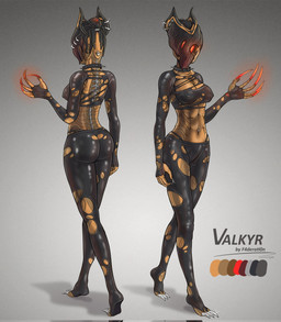 1_eye abs barbell_piercing breasts choker claws clothed clothing crop_top female glistening glistening_clothing glowing glowing_claws glowing_eyes glowing_red_eyes jewelry leggings legwear long_sleeves medium_breasts metal_spine navel navel_piercing necklace nipples_through_clothes orange_body piercing piercing_outline red_claws red_eyes shirt silver_piercing simple_background skimpy solo spiked_choker text thong thong_straps topwear torn_clothing underwear whale_tail_(fashion) f4derati0n digital_extremes tencent warframe fan_character valkyr_(warframe) valkyr_delusion biomechanical humanoid warframe_(species) character_name hi_res model_sheet signature