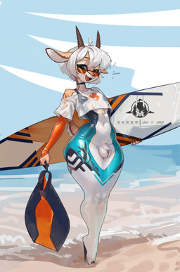 2_horns 4_fingers ahoge anthro aqualumin_tech barcode_print beach biped black_bra black_choker black_clothing black_jewelry black_necklace black_underwear bodysuit bra breasts brown_horn bulge chest_window choker clothed clothed_anthro clothed_male clothing countershade_face countershade_torso countershading detailed_bulge ears_outwards eyewear femboy fingers flaccid footwear form_fitting fur genitals glasses glistening glistening_latex hair head_horn high_heels holding_object holding_surfboard horn inner_ear_fluff jewelry latex latex_bodysuit latex_choker latex_clothing latex_mermaid latex_skinsuit legs_together logo looking_at_viewer male male_anthro medium_hair mermaid_suit navel_outline necklace open_mouth open_smile orange_eyewear orange_glasses orange_latex penis pince-nez pivoted_ears print_clothing print_shirt print_t-shirt print_topwear scut_tail sea seaside shirt shoes short_tail skindentation skinsuit sky slim_anthro slim_male small_breasts small_waist smile smiling_at_viewer snout solo squish standing surfboard swimming_fins t-shirt tail tan_body tan_fur teal_latex thigh_squish tight_clothing topwear translucent translucent_clothing translucent_shirt translucent_topwear tuft underwear water wearing_glasses wet wet_clothing wet_shirt wet_topwear white_body white_clothing white_countershading white_hair white_inner_ear_fluff white_latex white_shirt white_topwear wide_hipped_anthro wide_hipped_male shanher antelope bovid mammal 2025 absurd_res artist_logo chinese_description description_request english_description full-length_portrait hi_res portrait signature story story_in_description