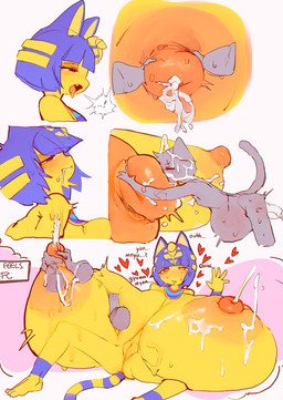 ambiguous_gender anthro big_breasts blue_hair bodily_fluids breast_expansion breastfeeding breasts disembodied_hand duo expansion fangs female female_focus fur genitals gibberish hair half-closed_eyes heart_symbol huge_breasts hyper hyper_breasts inflation lactating larger_female liquid_inflation looking_pleasured lying macro_anthro macro_female milk_inflation mind_break motion_lines narrowed_eyes nipple_dip nipples nude on_back open_mouth short_hair simple_background size_difference sweat tail teeth text vulva white_background yellow_body yellow_fur utterangle animal_crossing nintendo ankha_(animal_crossing) domestic_cat felid feline felis mammal english_text hi_res
