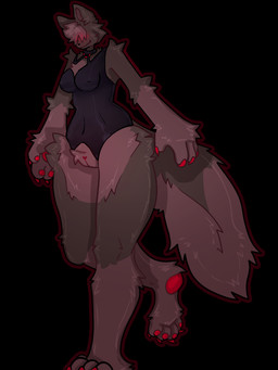 anthro belly big_hands blush brown_body brown_fur claws clothing collar female fluffy fluffy_tail fur genitals grey_body grey_fur latex latex_clothing latex_collar latex_topwear on_one_leg outline pawpads pink_body pink_fur red_claws red_pawpads solo standing tail tall tall_female thick_thighs topwear vulva nervouslybrave 3:4 hi_res